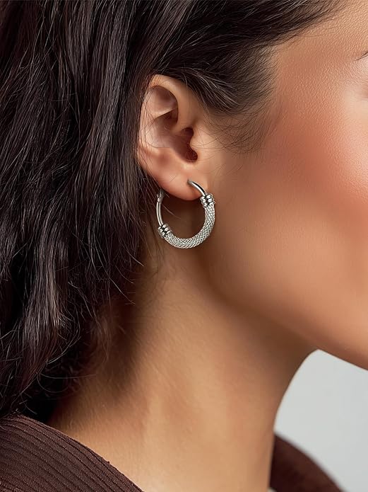KeyStyle Mesh Hoop Earrings for Women, Stainless Steel Gold Hoops Earring Lightweight Loops, 2MM Thick Hypoallergenic Circle Endless Hollow Hoop 20mm-80mm
