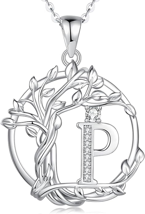 FANCIME Tree of life Initial necklaces for women, Sterling Silver Tree Jewelry Simulated Diamond Letter Pendant Cubic Zirconia CZ Personalized Birthday Mothers Day Gifts for Mom Wife Her