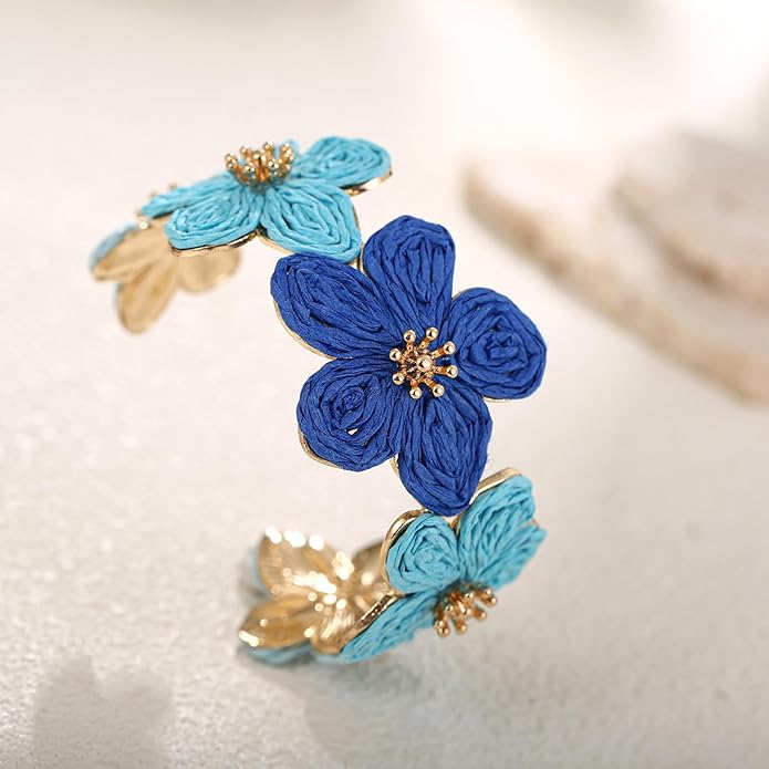 Raffia Flower Cuff Bracelet for Women, Floral Chunky Bangle Wide Open Cuff Statement Bracelet