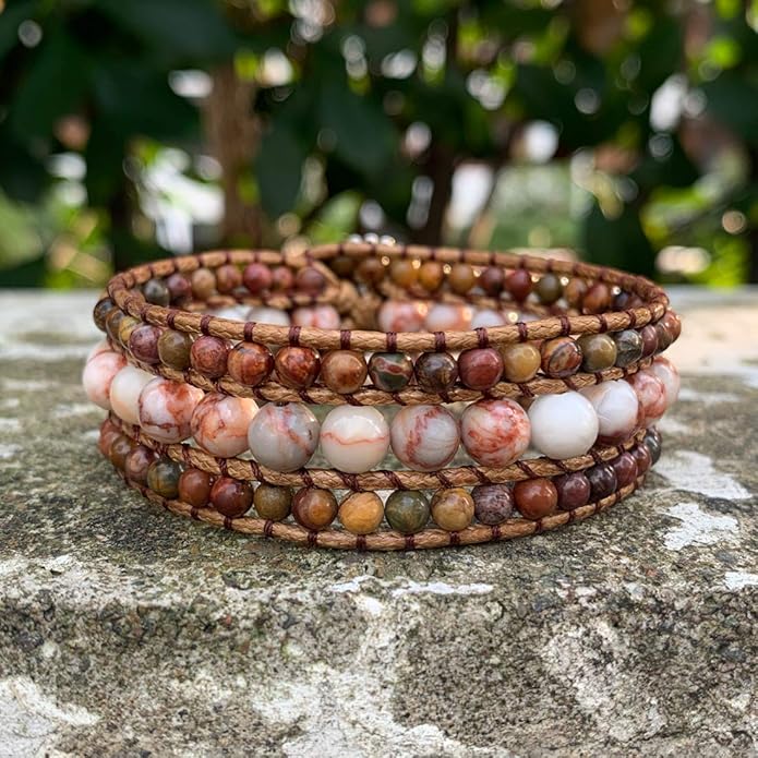 YGLINE Boho Handmade Natural Stone Bead 3 Row Wide Wrap Wrist Statment Bracelet Jewelry Collection