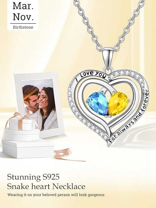 Valentine's Day Gifts for Wife 925 Sterling Silver Double Birthstone Pendant Necklaces I Love You for Always and Forever Necklace Anniversary Birthday Gifts for Wife Girlfriend Mom Her