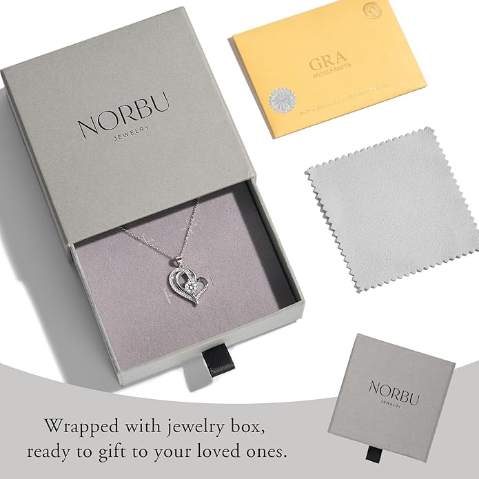 NORBU Moissanite Necklace for Women, 1 CT D Color VVS1 Clarity Round Cut, 925 Sterling Silver Heart Necklace with 18K White Gold Plated, Jewelry Gift for Wedding Anniversary Birthday Christmas Valentine's Day