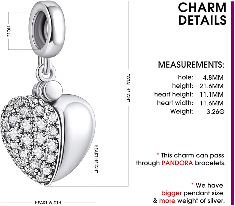 NINGAN “I Love You” Dangle Charm Love Heart Pendant Bead for Women Wife Girlfriend with 5A Cubic Zirconia for Charm Bracelets 925 Sterling Silver