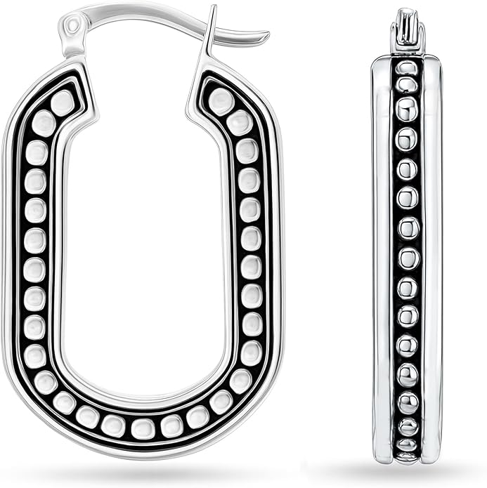 LeCalla 925 Sterling Silver Bali-Style Hoop Earrings Lightweight Click-Top Antique Two-Tone Beaded Italian Bali Style Earring Hoops for Women