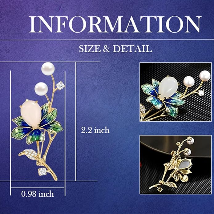 Enamel Iris Brooch - 18K Gold-plated Pin with Pearls & Rhinestones - Women's & Girls' Jewelry Gift
