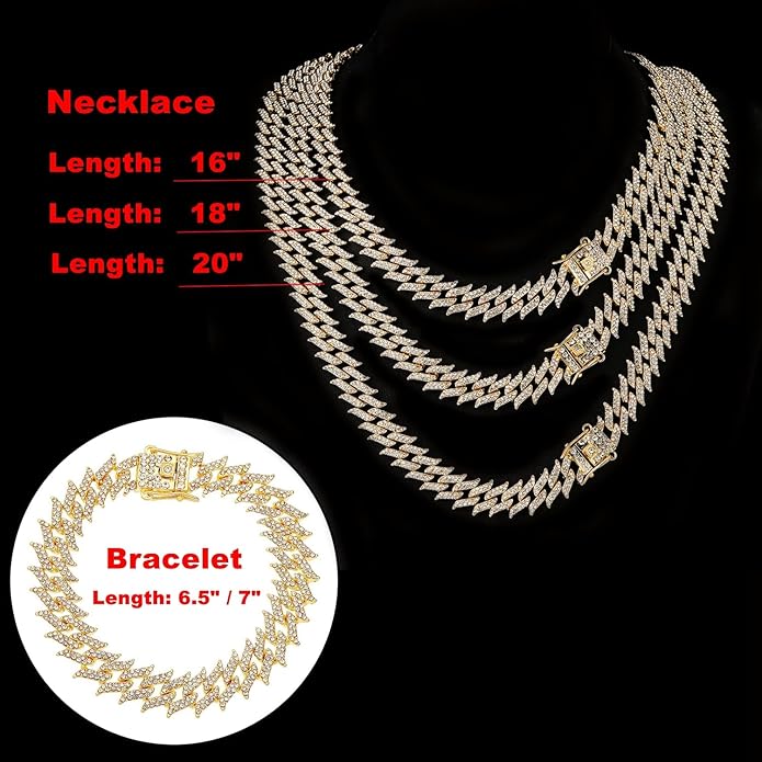 HH BLING EMPIRE 14k Gold/Silver Cuban Link Chain for Women Iced Out Diamond Chunky Cuban Link Necklace Chain Bracelet 2pcs Sets
