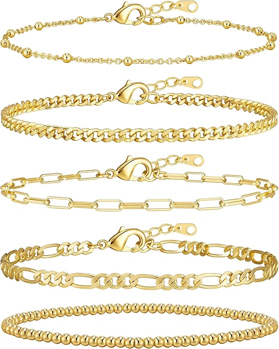 adoyi Valentines Day Gifts for Her Gold Bracelets for Women, 14K Gold Plated Stackable Bracelet Stack Set Adjustable Charm Paperclip Chain Cuban Link Layered Waterproof Jewelry Sets Gifts for Womens