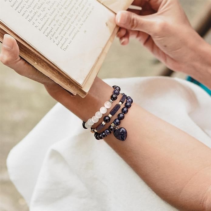 Healing Crystal Beaded Bracelets for Women,Natural Amethyst Gemstones Bracelet,Anxiety Stress Relief Heart Charm Bracelet Handmade purple Jewelry Gifts for Women