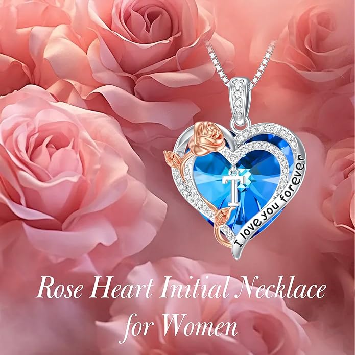 PELOVNY Rose Heart Initial Necklaces for Women S925 Sterling Silver Alphabet Letter Crystal Necklace Initial Pendant Jewelry Gifts for Mom Daughter Wife