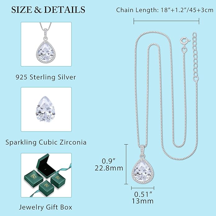 FJ Teardrop Pendant Necklace 925 Sterling Silver Birthstone Jewelry Gifts for Women