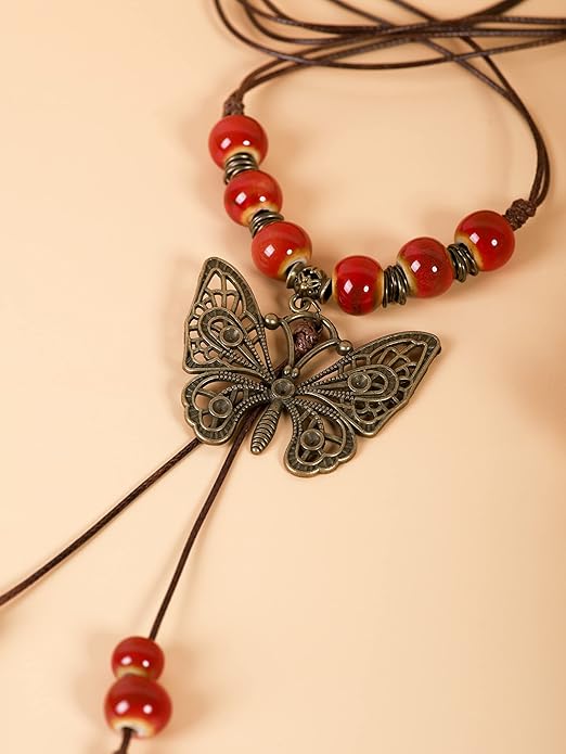MINACHI Hippie Boho Colorful Ceramic Bead Butterfly Charm Pendant Y Necklace, Vintage Bohemian Statement Jewelry Gift for Women