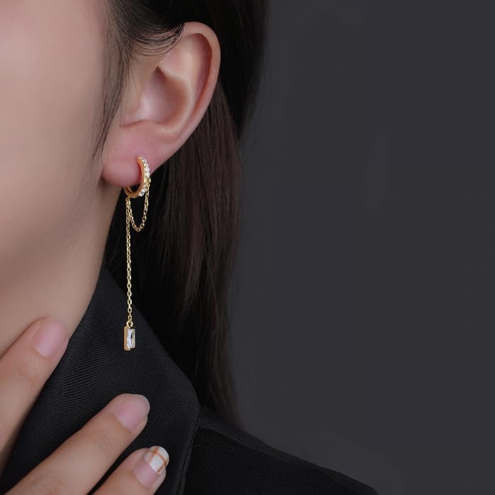Reffeer 925 Sterling Silver CZ Chain Hoop Earrings Dangle for Women Teens Dangle Earrings Chain Drop Earrings Huggie