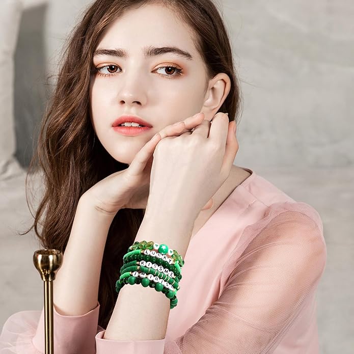 GOOJIDS Surfer Heishi Clay Bead Bracelets for Women Bohemian Stackable Gold Plated Beaded Stretch Bracelets Elastic Layering Friendship Bracelets Set Boho Jewelry