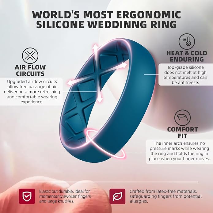 Egnaro Women's Bridal Rings Sets, Inner Arc Ergonomic Breathable Design Silicone Rubber Wedding Bands