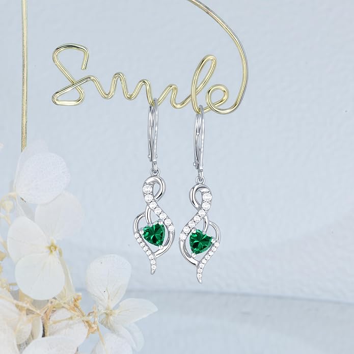 Infinity Heart Dangle Drop Earrings for Women, 925 Sterling Silver Birthstone Leverback Earrings, Birthday Anniversary Valentines Day Jewelry Gifts for Women Mom Her
