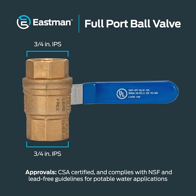 Eastman 3/4 Inch IPS Heavy Duty Full Port Ball Valve, Brass Plumbing Fitting - Image 6