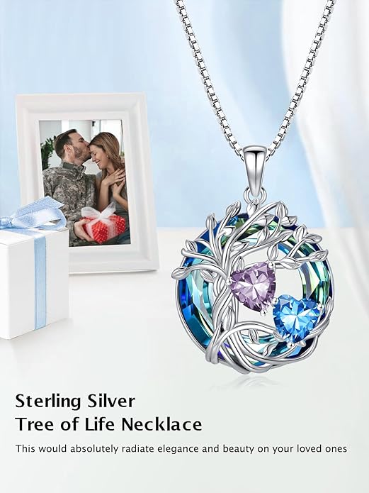TOUPOP s925 Sterling Silver Family Celtic Tree of Life Pendant Necklaces with 2 Heart Birthstone with Blue Austrian Crystal Jewelry Birthday Valentines Day Gifts for Her, Anniversary Christmas Gifts for Wife Girlfriend Mom (18K Real White Gold Filled)