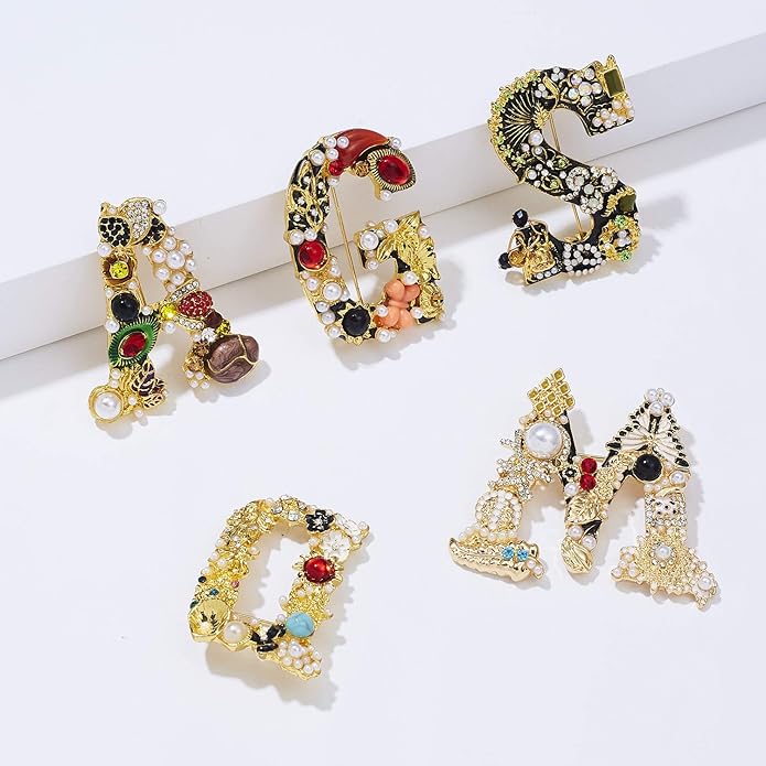 Crystal Pearl Initial Brooches Pins Gold Letter A-Z Lapel Pin Enamel Colorful Alphabet Letter Breastpin Pin Jewelry for Women Girls