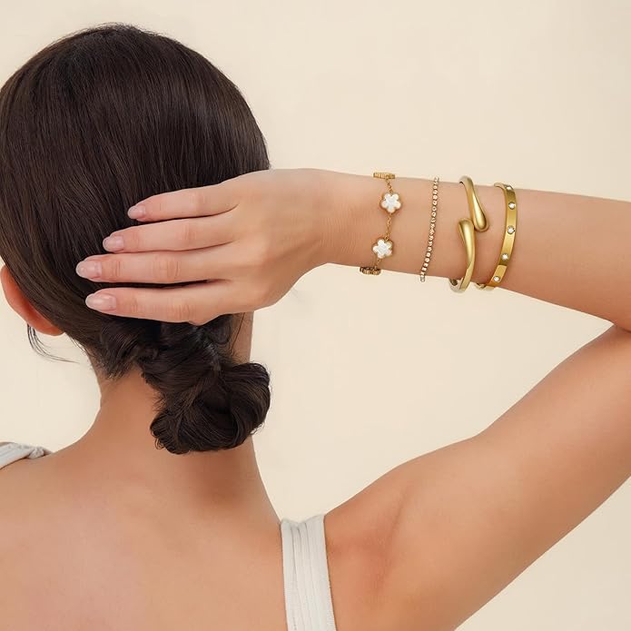 PDWZNBA 18K Gold-Plated Bracelet Set – Floral Clover, Tennis, Chunky Adjustable Twist Cuff, Classic Gold-plated Bangle Stainless Steel, Non Tarnish, Stackable Bracelet Gift for Women