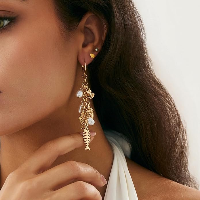 Gold Starfish Shell Earrings for Women with Pearl Beach Seashell Earrings Dangle Summer Vacation Earring for Women Beach Jewelry