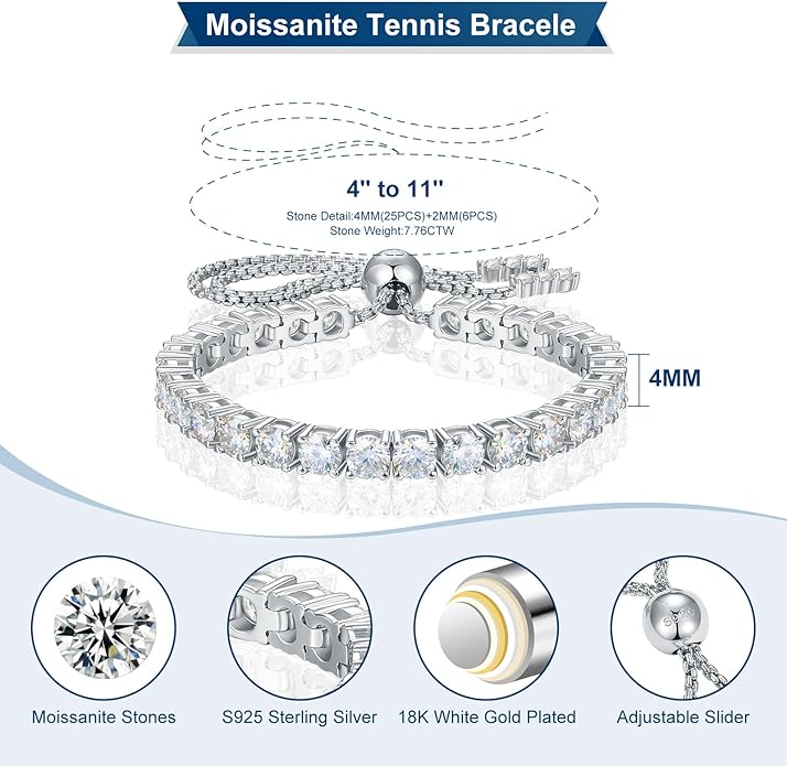 Moissanite Tennis Bracelet 1.79ct-8.69ct Adjustable Bracelet for Women 18K White Gold Plated S925 Sterling Silver Tennis Bracelet D Color VVS1 Round Cut 2/3/4mm Moissanite Bracelet Gifts for Wife/Mom