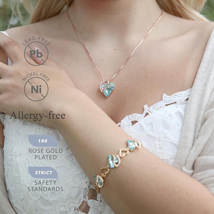 Leafael Rose Gold Plated Necklace for Women: Heart Shaped Birthstone/Healing Crystals Center, Dazzling Cubic Zirconia, Hypoallergenic Chain (18"+2"), Jewelry Gifts for Anniversaries and Birthdays