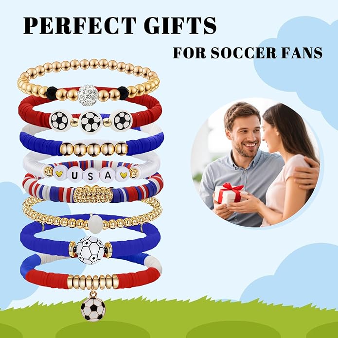 Game Day Bracelets for Women, Stackable Heishi Beaded Stretch Soccer Bracelet Soccer, World Soccer Cup Team Color Accessories & Outfits Jewelry, Soccers Dads Moms Coaches Fans Gifts