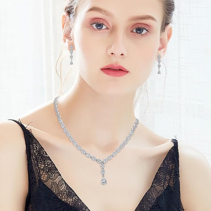 Hadskiss Jewelry Set for Women, Necklace Dangle Earrings Bracelet Set with White AAA Cubic Zirconia, Allergy Free Wedding Party Jewelry for Bridal Bridesmaid