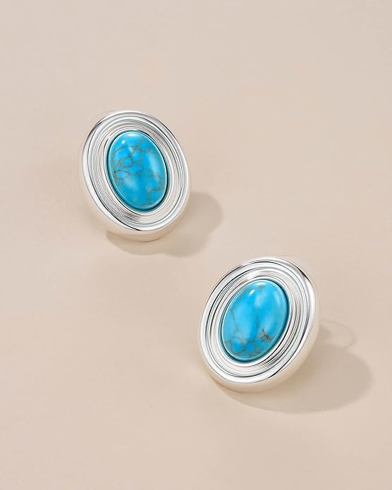 18K gold plated Medium Oval Button Chunky Statement Earrings for Women by SNGIA, (Turquoise, Carnelian, Aventurine, Amethyst, Malachite, Cat Eye, White, Cream) Bold Handmade Colored (Red, Blue, Green, White, Cream, Purple) Exaggerated Dome Retro Rounde...