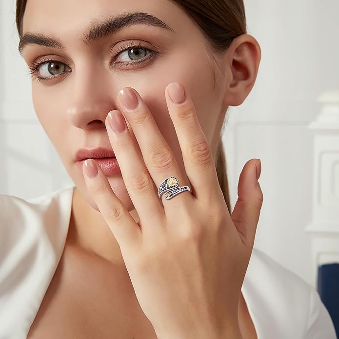 FLYOW Sterling Silver Sunflower Spoon Ring Victorian Style Boho Antique Flower Adjustable Open Ring Retro Statement Cubic Zirconial/Turquoise/Oxidized Thumb Rings for Women Birthday Christmas Jewelry