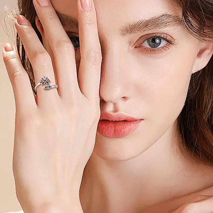 Hamsa Hand of Fatima Lotus Evil Eye/Love Heart/Butterfly/Rose Spoon Adjustable Open Rings 925 Sterling Silver Statement Ring Jewelry Gifts for Women