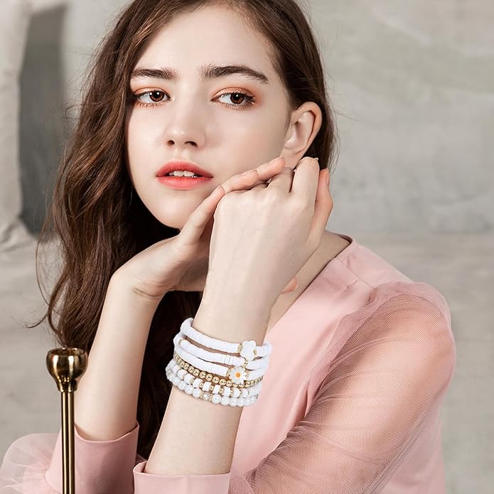 GOOJIDS Surfer Heishi Clay Bead Bracelets for Women Bohemian Stackable Gold Plated Beaded Stretch Bracelets Elastic Layering Friendship Bracelets Set Boho Jewelry