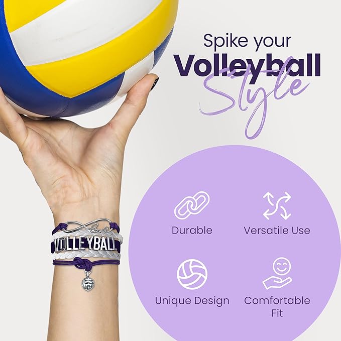 Volleyball Bracelets For Girls- Ideal Volleyball Gifts & Souvenirs. Adjustable Charm Bracelet with Moveable Letters, Infinity Symbol & Silver Volleyball Charm. Fashionable Bracelets by SportyBella.