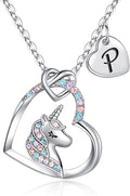 Hidepoo Valentines Gifts for Kids Girls - Unicorn Necklace Gifts for Teen Girls Kid, Colorful CZ Heart Pendant Initial Unicorn Necklaces for Girl Jewelry Birthday Gift for Girl Kid