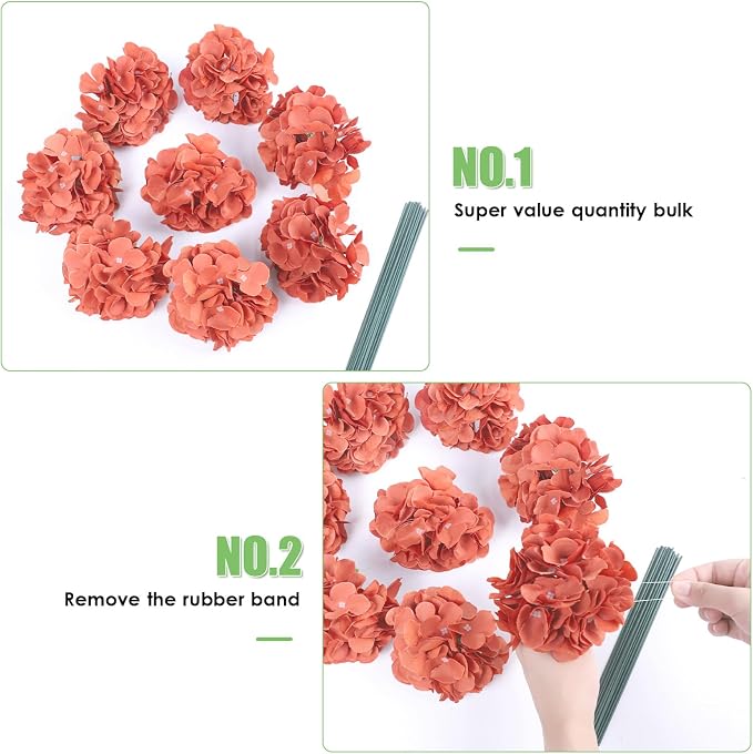 AVIVIHO 65pcs Fake Flowers Burnt Orange Hydrangea Artificial Flowers Bulk Silk - Image 5