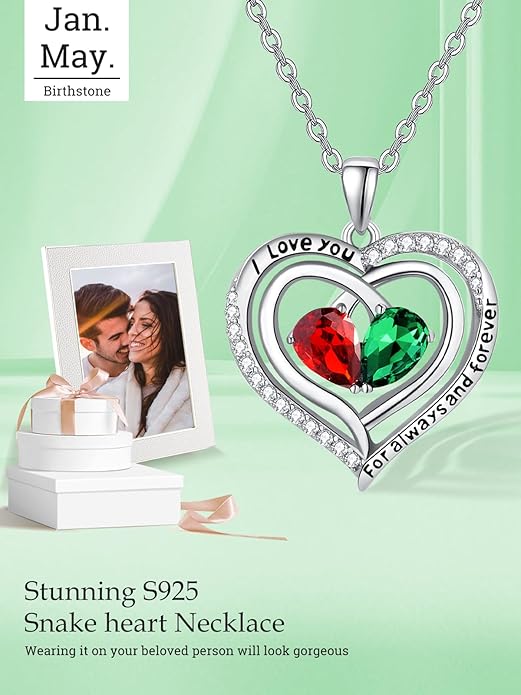 Valentine's Day Gifts for Wife 925 Sterling Silver Double Birthstone Pendant Necklaces I Love You for Always and Forever Necklace Anniversary Birthday Gifts for Wife Girlfriend Mom Her