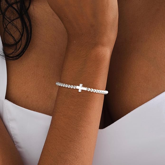 Valentines Day Gifts for Women Her - Beaded Stretch Handmade Ball Bracelets Cute Charm Bracelet Dainty Stackable Cross Heart Bow Wave CZ Jewelry Gifts Trendy Stuff