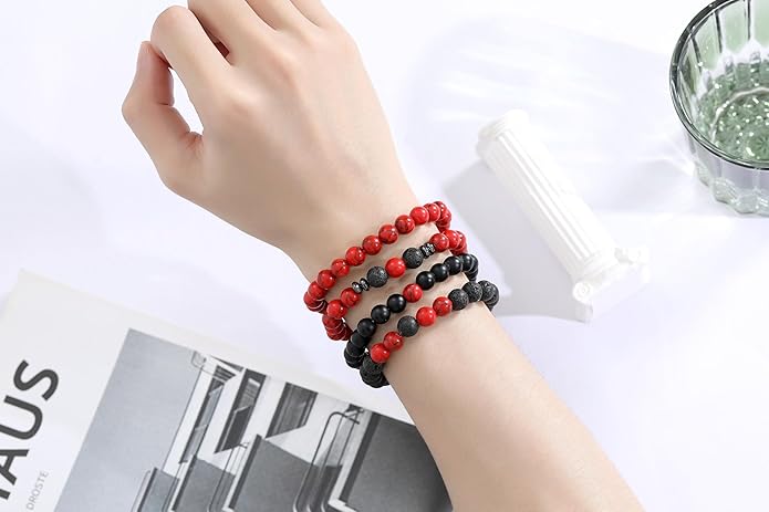 XIANNVXI Natural Stone Beads Bracelet for Men Crystal Bracelets 8MM Tiger Eye Lava Rock Obsidian Beaded Bracelet Set Black/Red/Blue Crystal Beaded Bracelets for Men