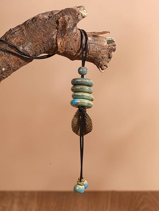 MINACHI Vintage Bohemian Leaf Charm Colorful Ceramic Bead Long Y Necklace, Boho Jewelry Gift for Women