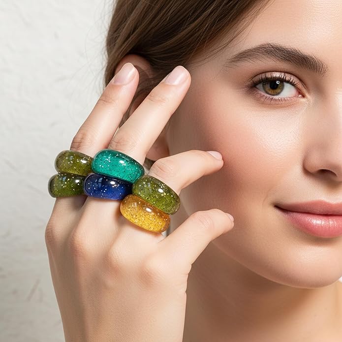 Viva Joya Resin Acrylic Plastic Knuckle Rings for Women, Chunky Trendy Colorful Stackable Jewelry, Statement Dome Thick Rings, Bulk Set