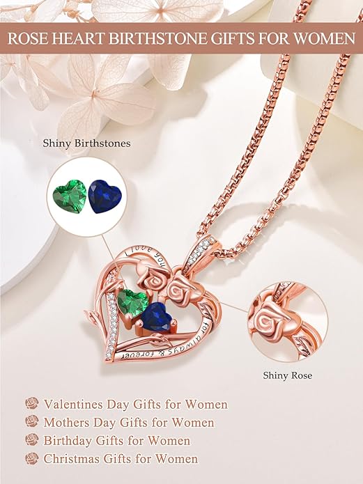 Rose Heart Necklaces for Women, Rose Gold Forever Love Jewelry with 2 Birthstones Pendant,Valentines Anniversarry Birthday Gifts for Her Wife Mom Grandma Daughter, 18+2 Inch Chain