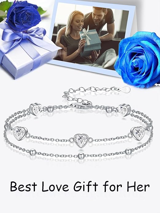 Birthstone Anklet/Bracelets for Women 925 Sterling Silver Charm Link Double Strand Heart Birthstone Jewelry Gift for Wife Women Mother's Day Gift