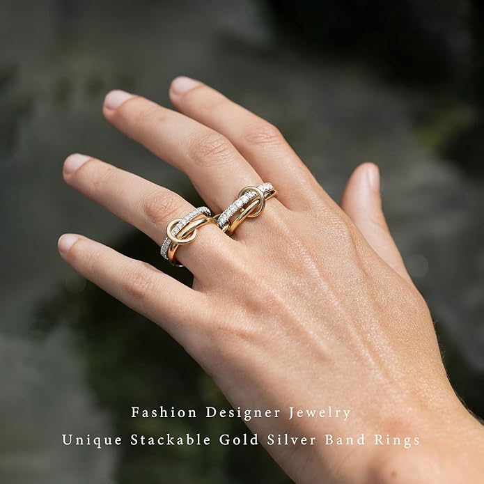 Gelbesty Stackable Gold Silver Band Rings for Women, Statement Chunky Cubic Zirconia Rings, Fashion Unique Designer Mixed Metal Jewelry Size 5/6/7/8/9/10/11