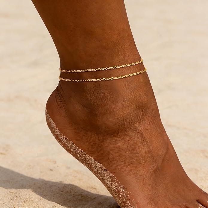 Ankle Bracelets for Women - 14K Gold Plated Waterproof Cuban Water Wave Chain Beads Rhinestone Anklets Set Layered Anklet Bracelets for Women Gold Jewelry Gift