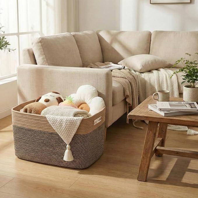 JMvicyroam 96L Large Woven Cotton Rope Blanket Basket, Jute&Black | Blanket - Image 2