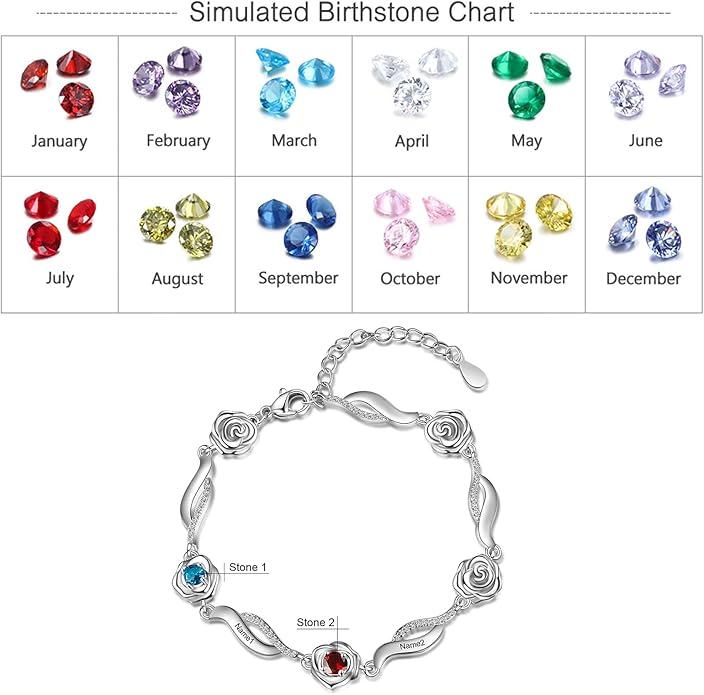 Personalized Simulated Birthstone Bracelets Adjustable Rose Flower Chain Charm Bracelet with 1-5 Name Initial Engraved for Women Mom Christmas Gifts