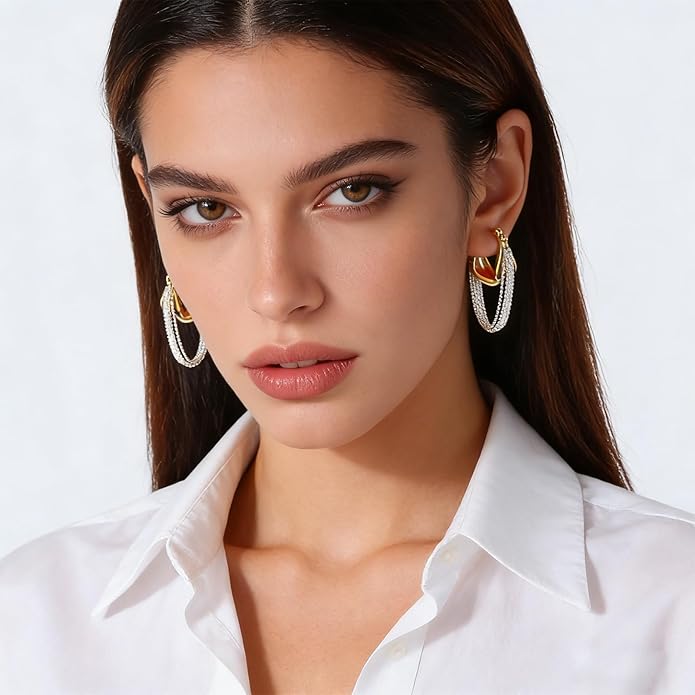 Two-Tone Tassel Chain Huggie Hoop Earrings for Women Mix Metal 18K Gold Plated Small Chunky Statement Earrings Gold Silver Dangle Drop Hip Hop Punk Hoop Earrings