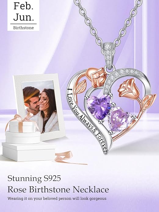 Valentine's Day Gifts for Wife 925 Sterling Silver Double Birthstone Pendant Necklaces I Love You for Always and Forever Necklace Anniversary Birthday Gifts for Wife Girlfriend Mom Her