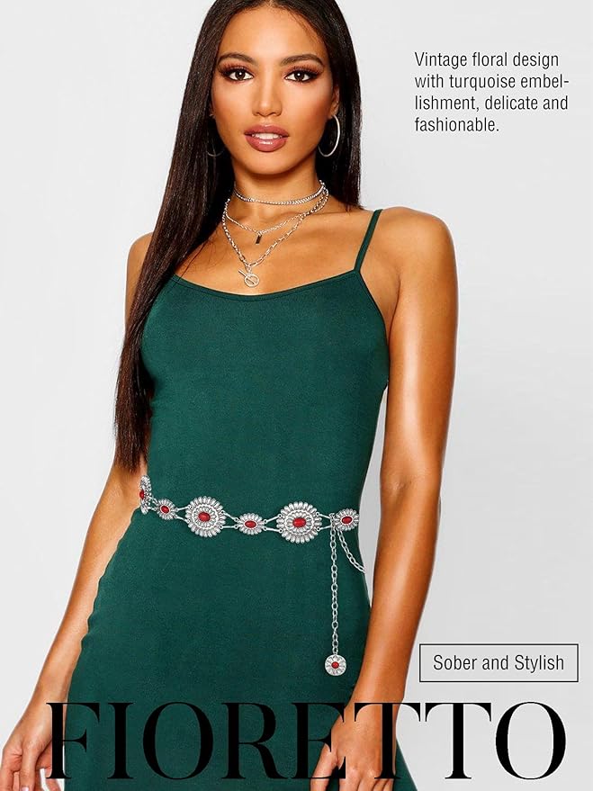 FIORETTO Metal Waist Chain Link Belt for Women Western Cowgirl Boho Turquoise Belts for Dress Jeans Country Concert Outfit