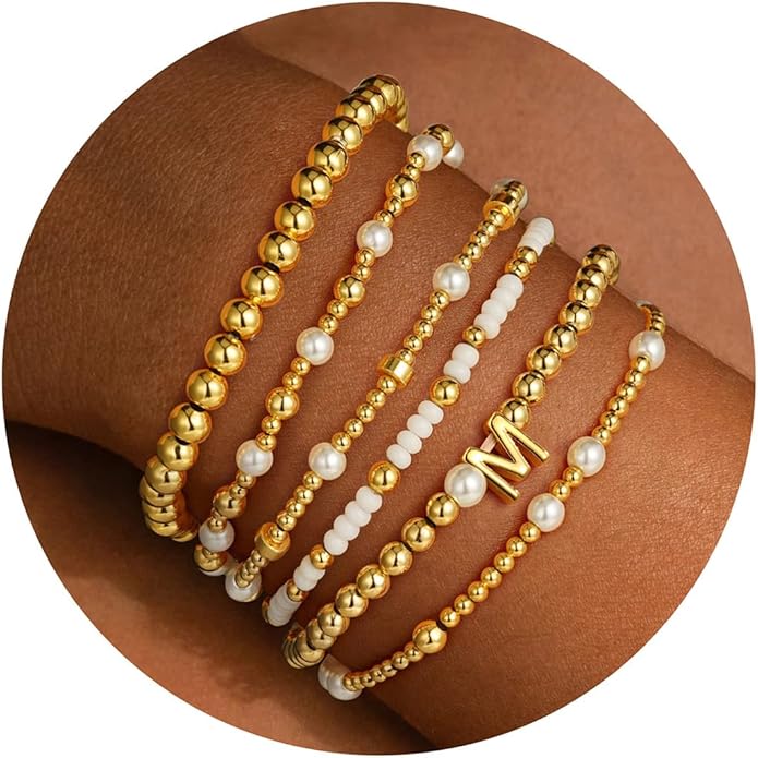 Turandoss 6PCS Beaded Initial Bracelets for Women Girls Valentines Day Gifts - 18K Gold Plated Beaded Initial Letter Bracelet Initial A-Z Stretch Bead Stackable Bracelet Valentines Day Gifts for Her